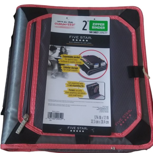 Mead Five Star Zipper Binder Black Pink Edge 2 Inch File Pocket Binder - Picture 1 of 11